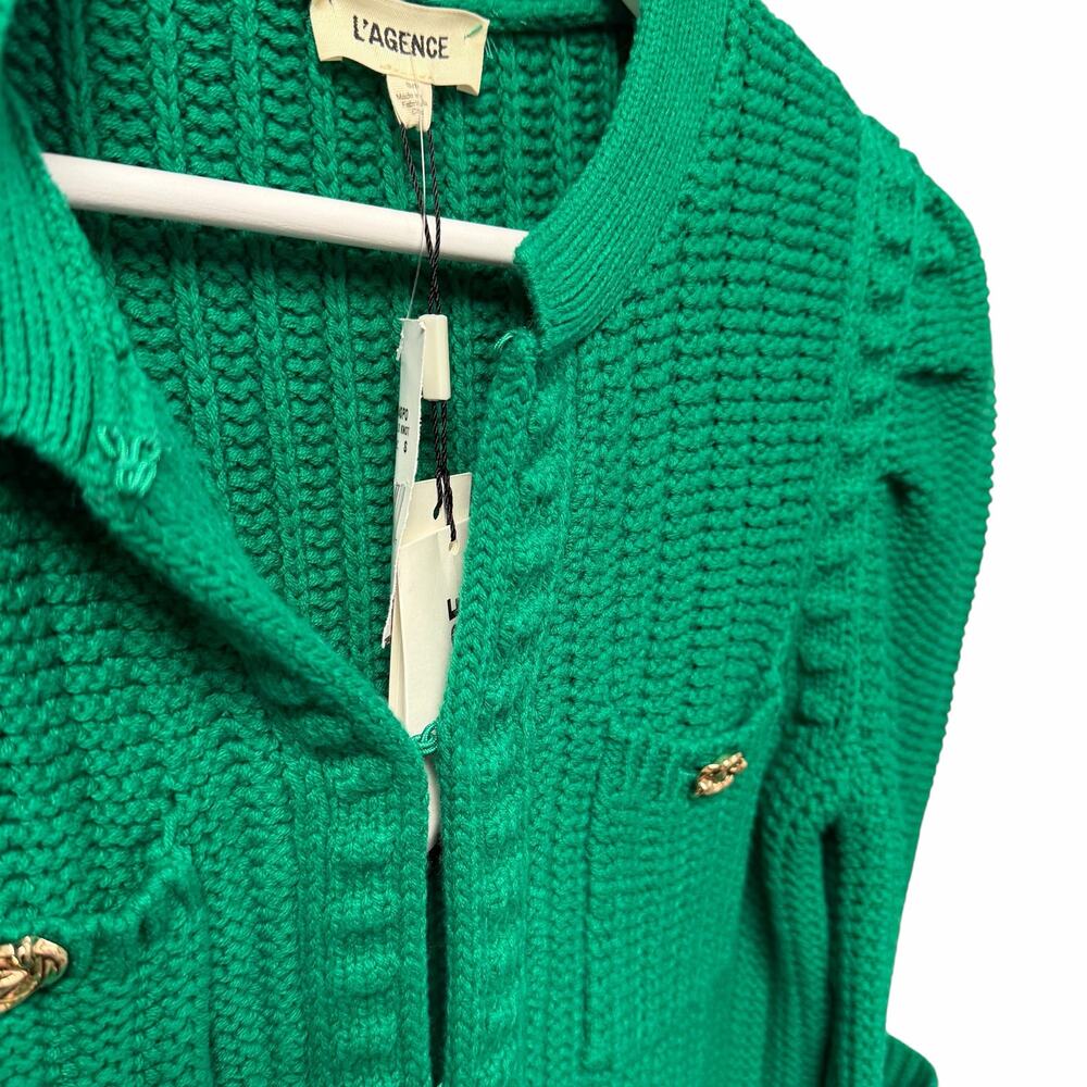 NWT L'Agence Delilah Crop Textured Cardigan Kelly Green Gold Knot Size Small - Picture 4 of 8